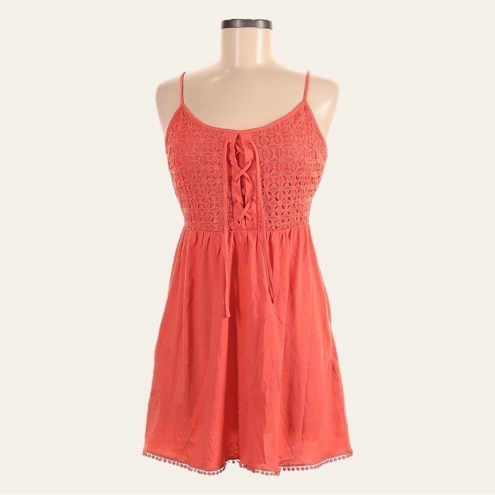 🌺 Topshop Lace Up Crochet Coral Pink Mini Sundress Size 4